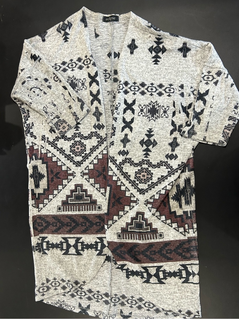 Eclipse Gray Aztec Pattern Sweater Cardigan with Maroon Accents